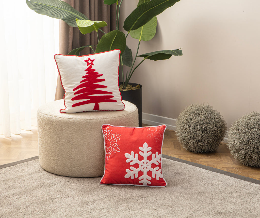 Dekoratif Punch İşlemeli Biyeli Keten Kırlent Kılıfı, Yılbaşı Temalı