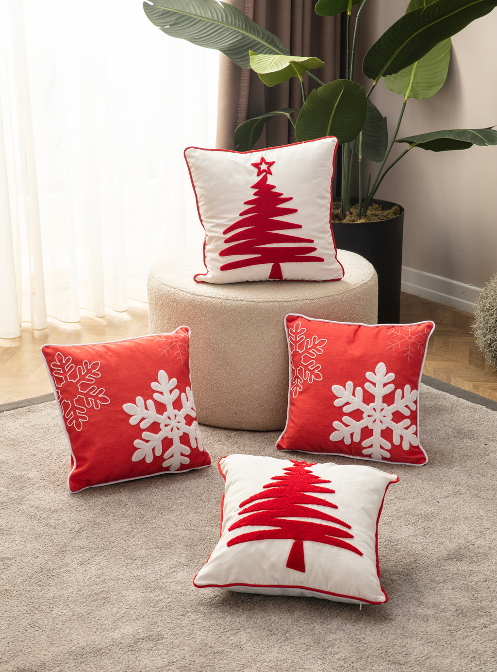 4'lü Dekoratif Punch İşlemeli Biyeli Keten Kırlent Kılıfıü