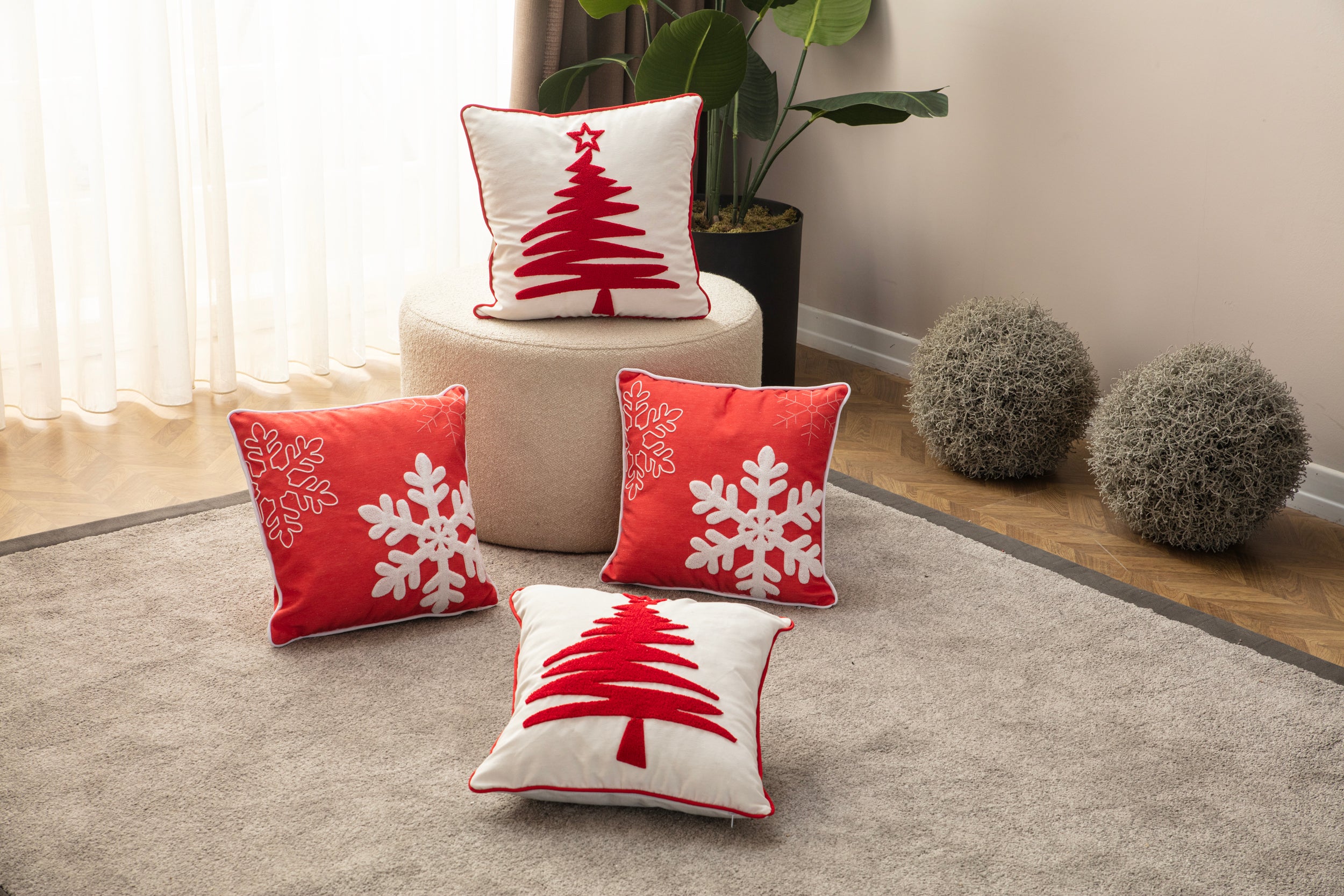 4'lü Dekoratif Punch İşlemeli Biyeli Keten Kırlent Kılıfıü