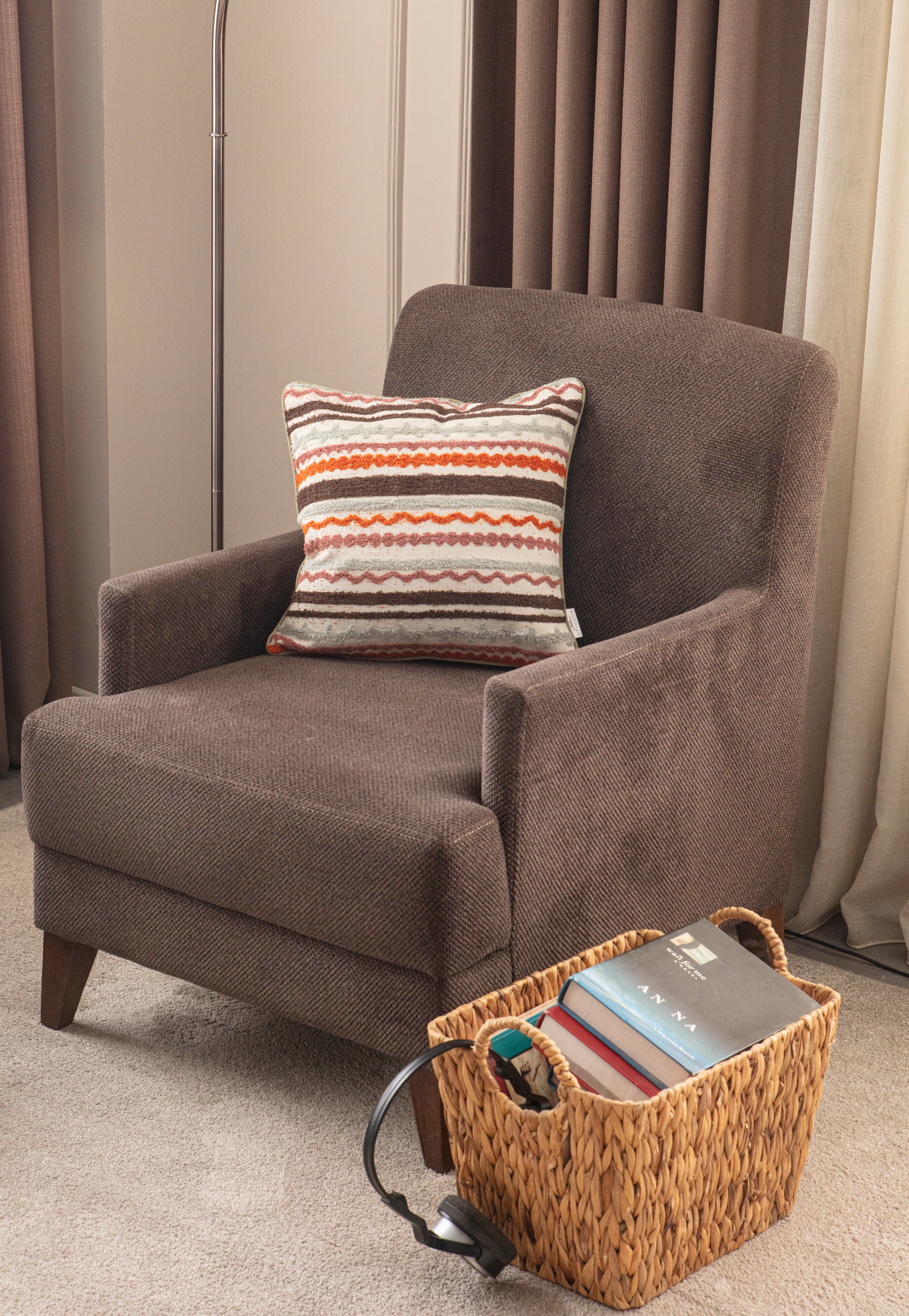 Jakarlı Premium Keten Kırlent Kılıfı 43x43cm, Çizgi Desenli