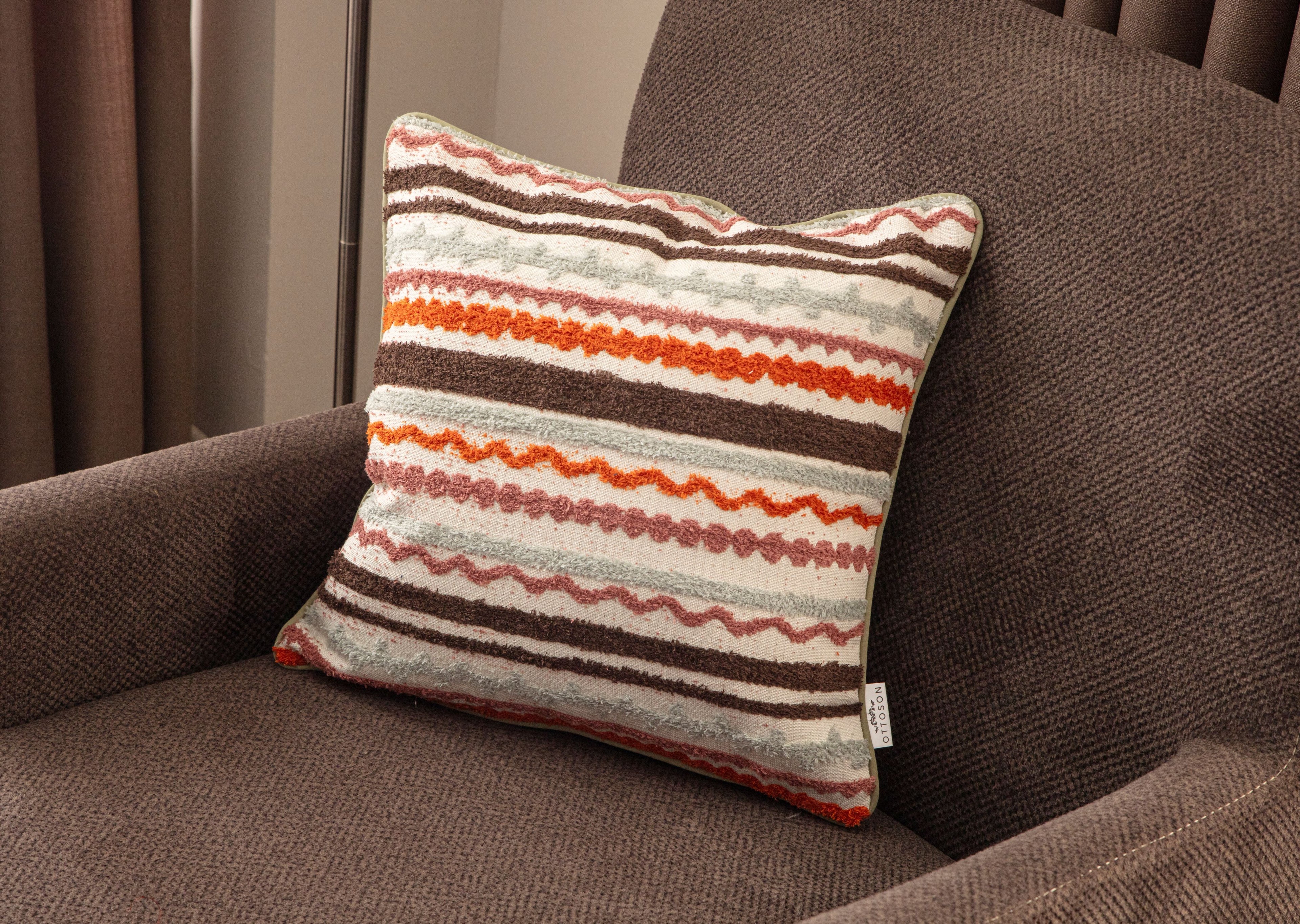 Jakarlı Premium Keten Kırlent Kılıfı 43x43cm, Çizgi Desenli