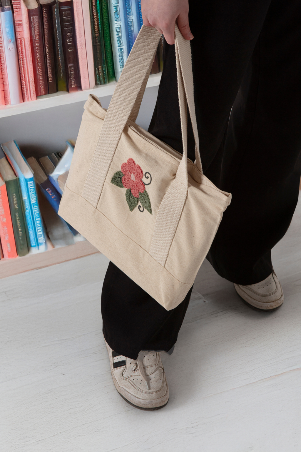 Çiçek Desenli Bez Keten Omuz Çantası, Plaj Çantası, İşlemeli El ve Kol Çantası %100 Pamuk 36x29 cm