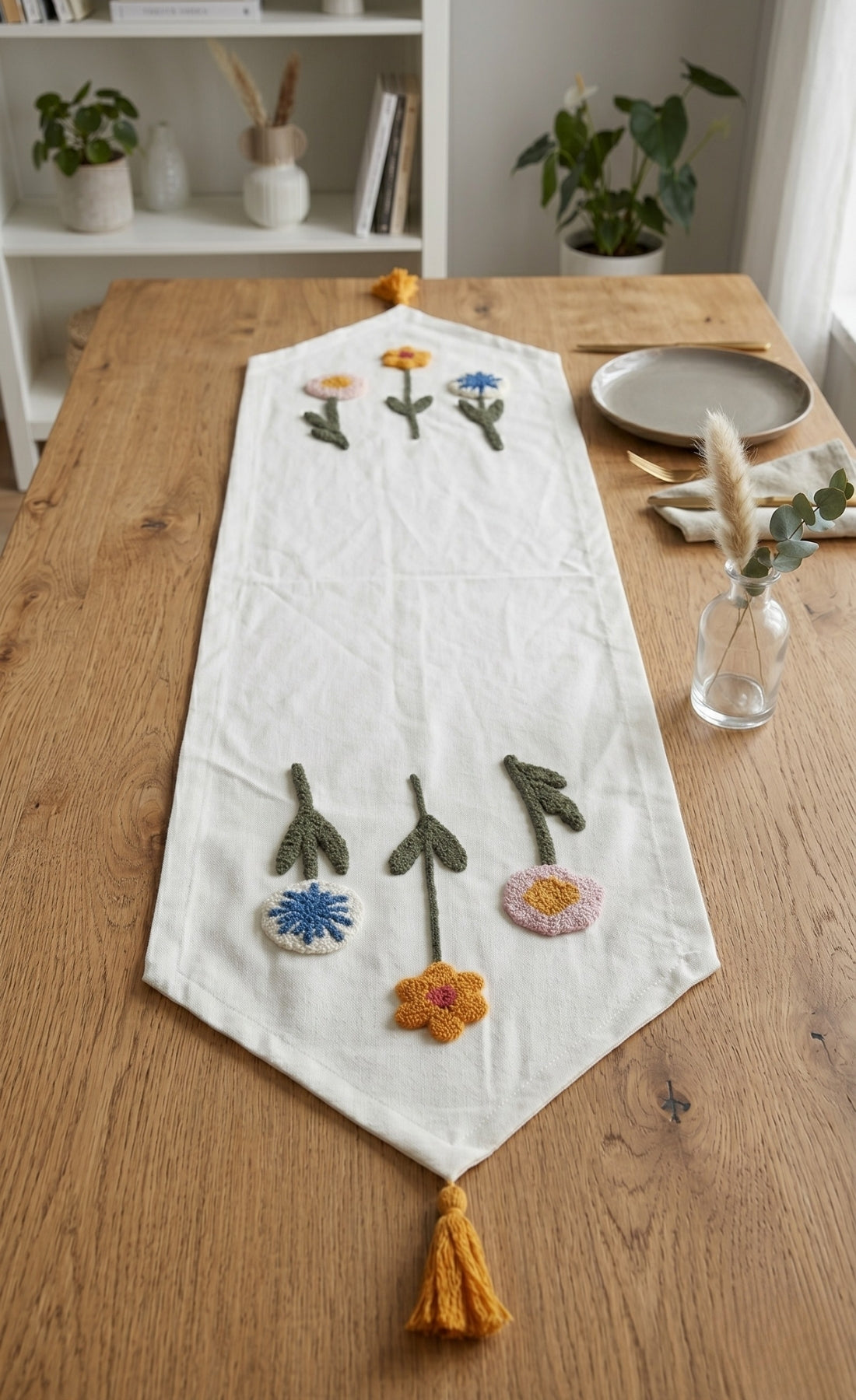 Punch İşlemeli Keten Dekoratif Vintage Bohem 140x35 Runner Masa Örtüsü
