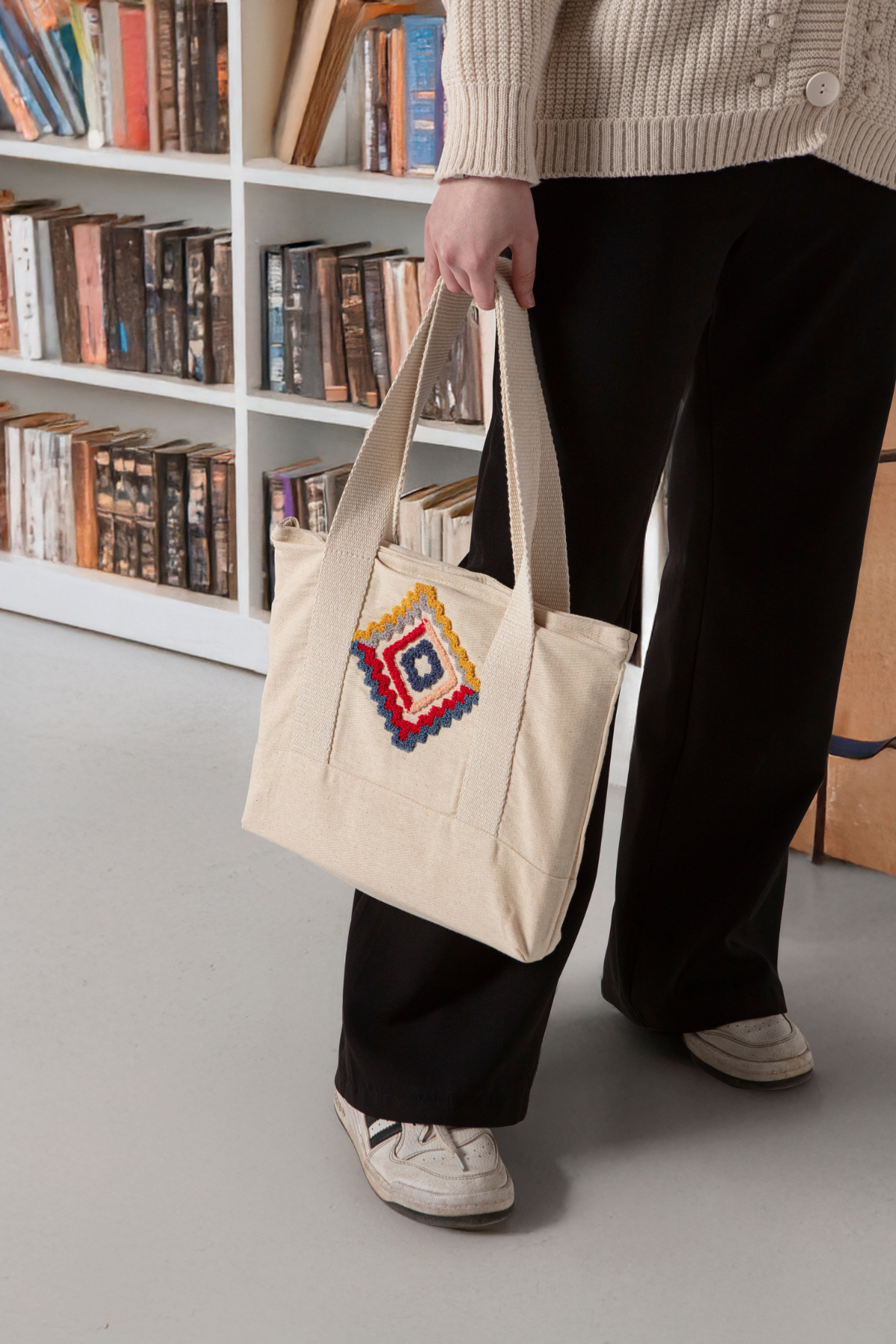 Geometrik Desenli Bez Keten Omuz Çantası, Plaj Çantası, İşlemeli El ve Kol Çantası %100 Pamuk 36x29 cm