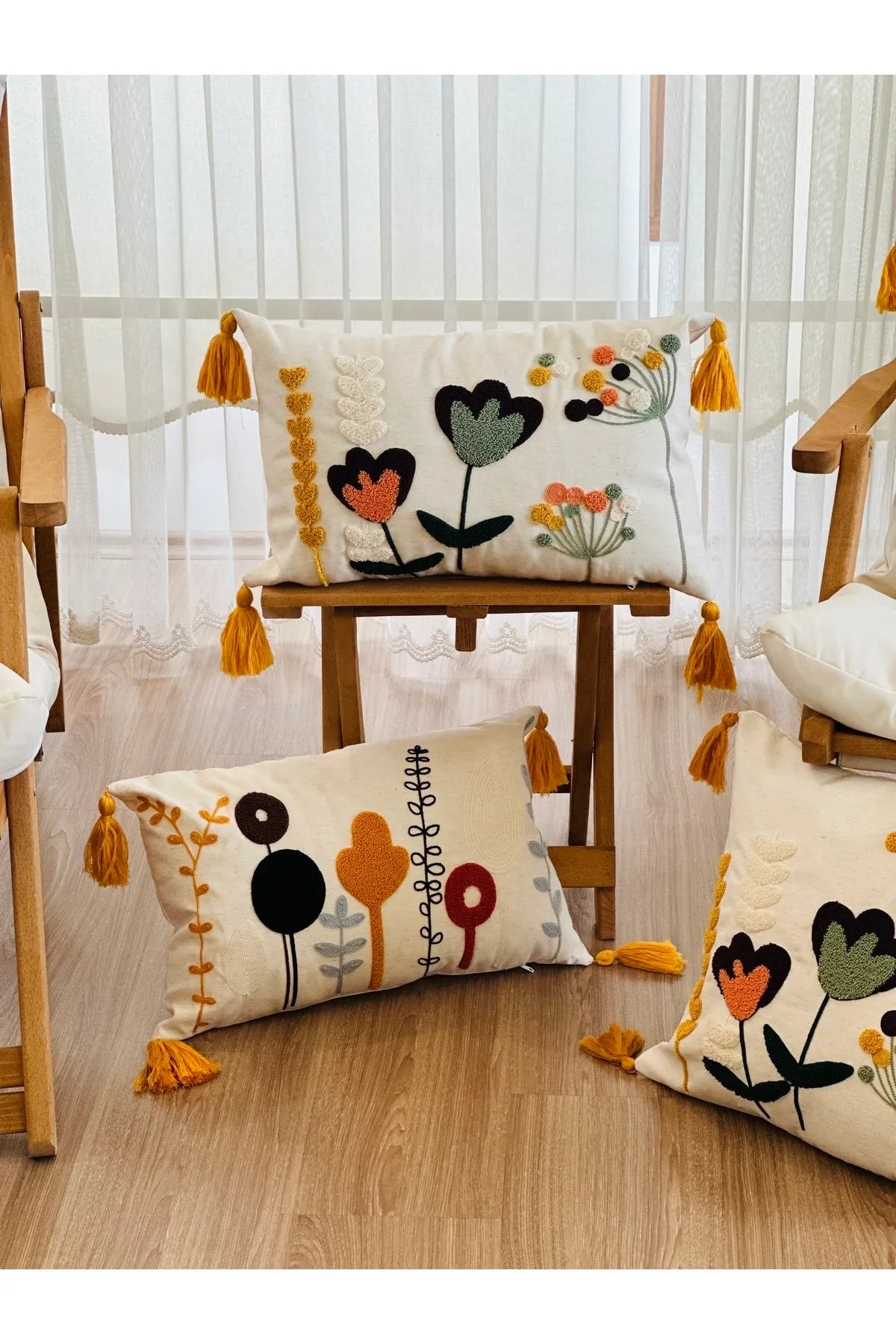 4'lü Kombin Punch İşlemeli Dekoratif Kırlent Kılıfı Seti, Beyaz