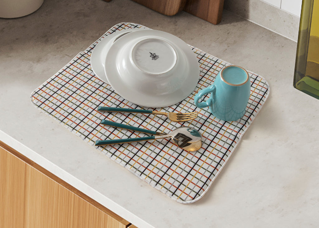 Bulaşık Kurutma Örtüsü, Bulaşıklık, Tezgah Üstü Bulaşık Matı, Süper Emici Mutfak Matı, Ekoseli