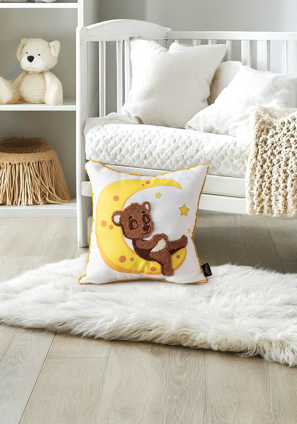 Ay Desenli Keten Çocuk Odası Kırlent Kılıfı, 35x35cm İç Dolgulu