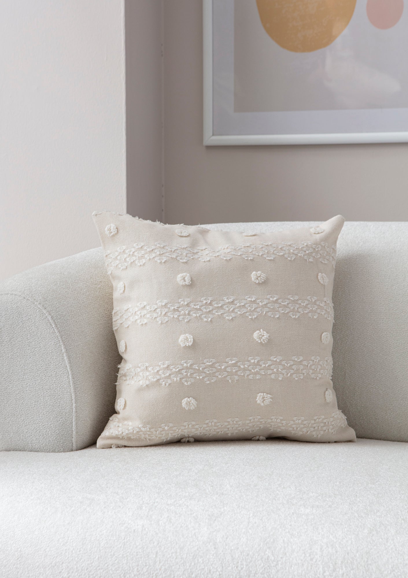 "Geometrik" Bohem Puantiyeli, Dekoratif Keten Kırlent Kılıfı, Punch İşlemeli 43x43cm