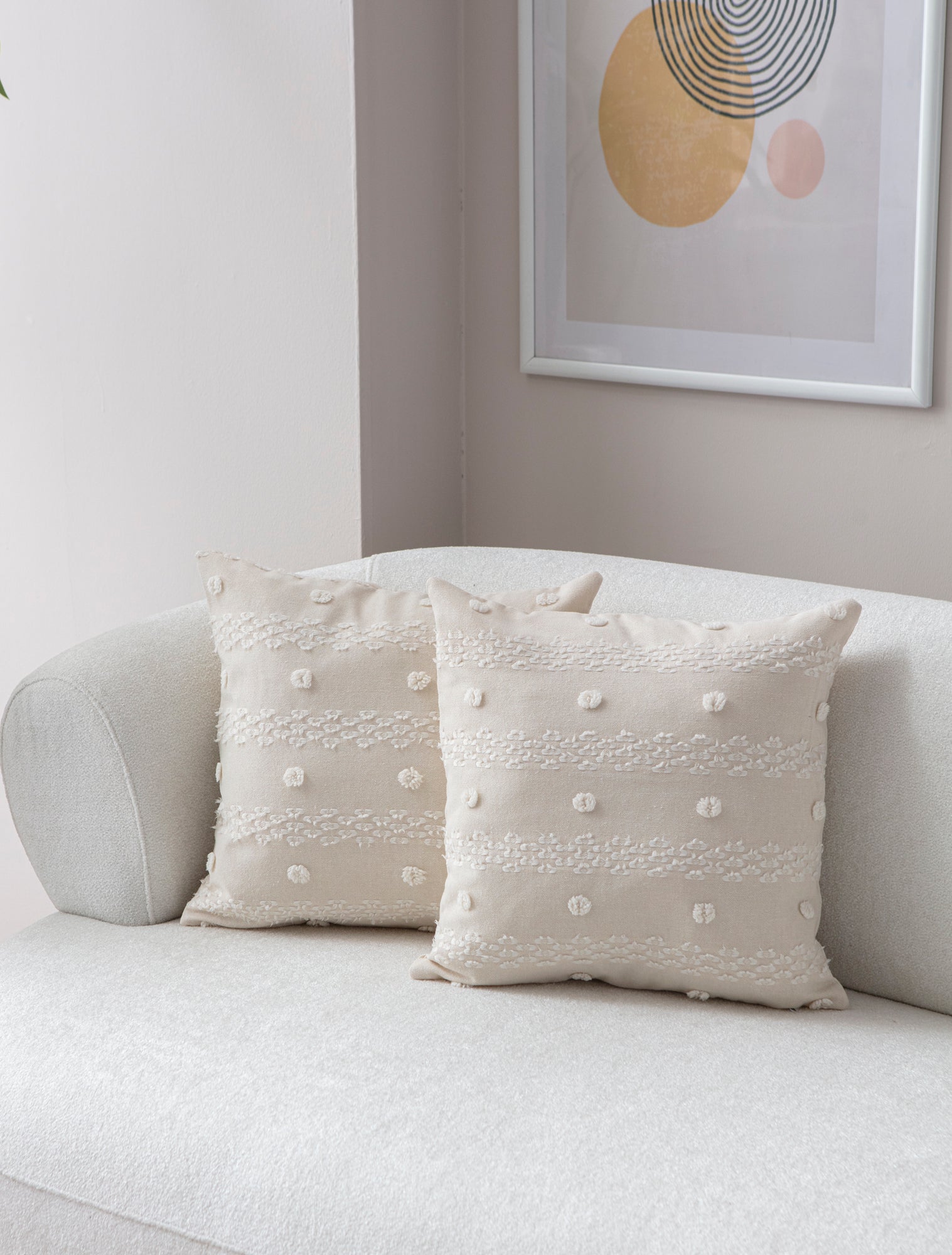 "Geometrik" Bohem Puantiyeli, Dekoratif Keten Kırlent Kılıfı, Punch İşlemeli 43x43cm