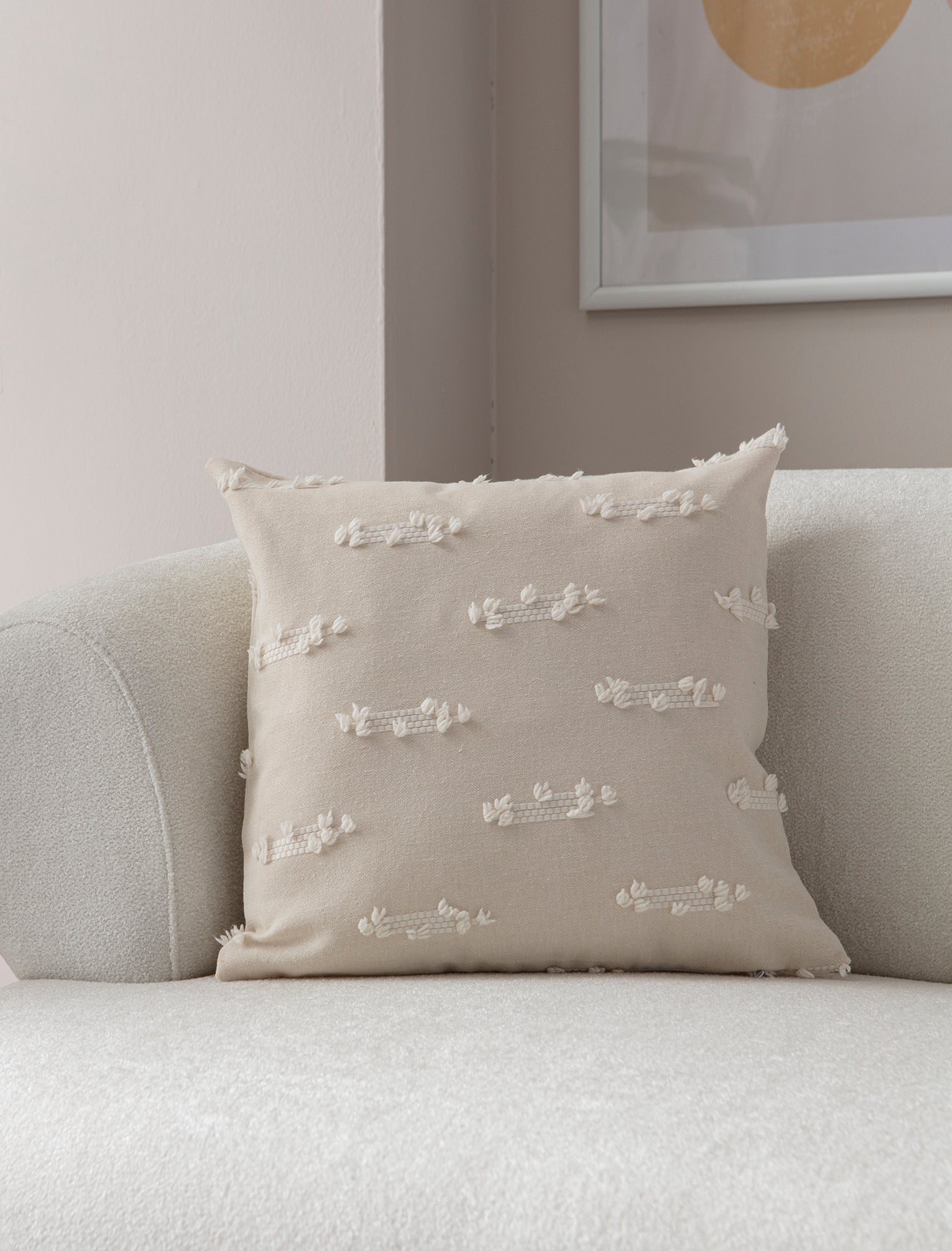 "Tırmık" Bohem Puantiyeli, Dekoratif Keten Kırlent Kılıfı, Punch İşlemeli Yastık Kılıfı 43x43cm