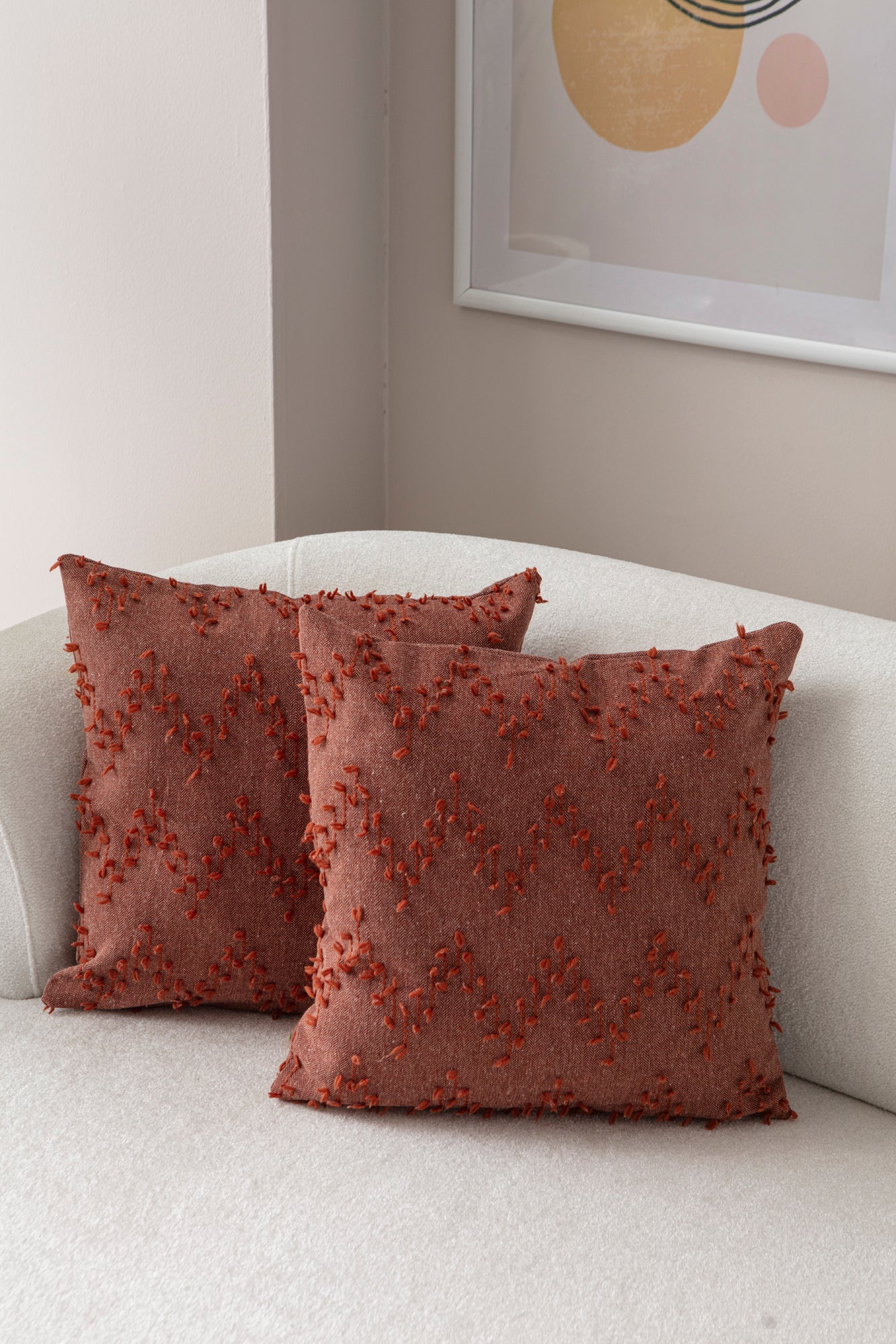 "Ritim" Bohem Puantiyeli, Dekoratif Keten Kırlent Kılıfı, Punch İşlemeli Yastık Kılıfı 43x43cm