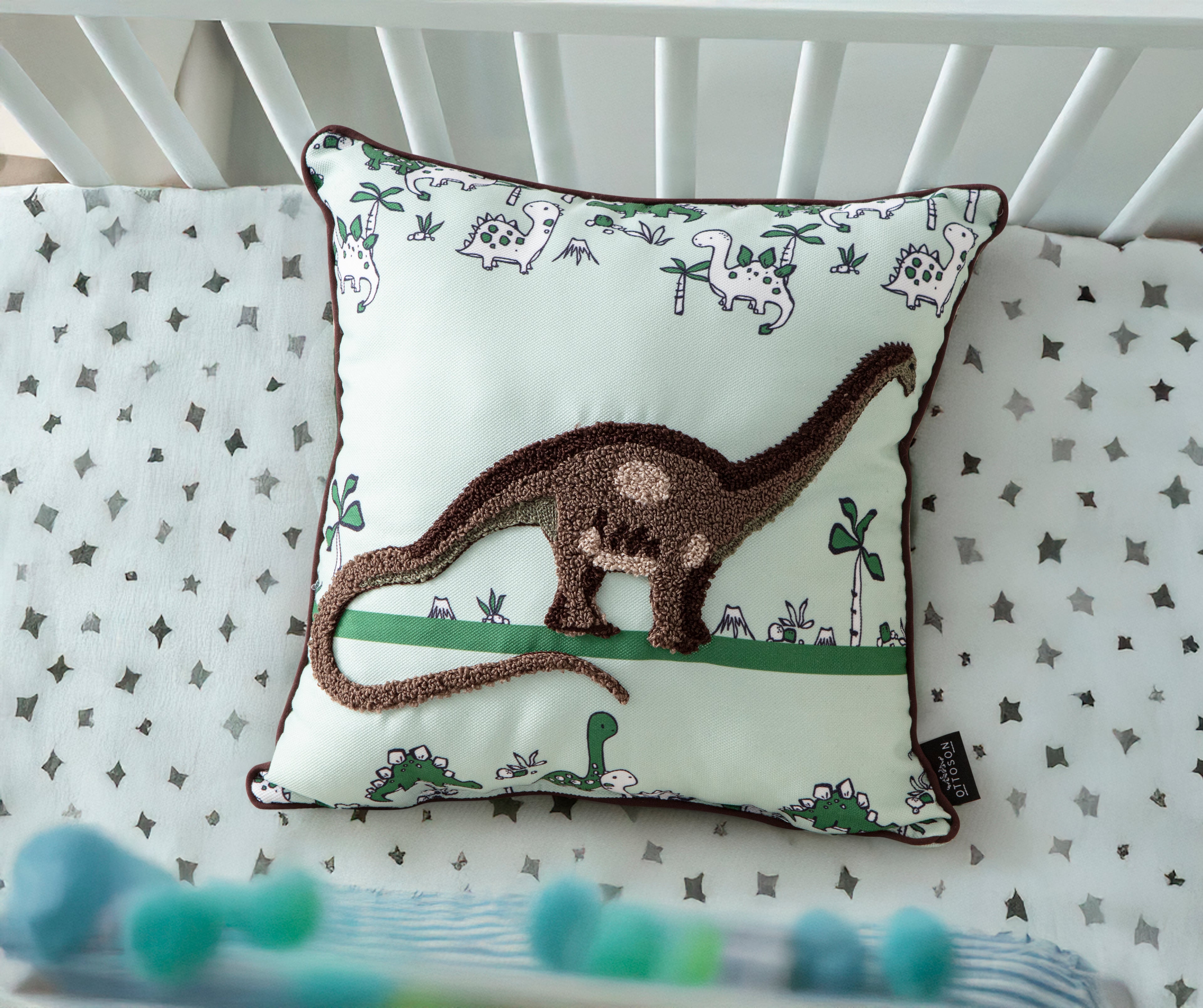 Dinazor Desenli Çocuk Odası Keten Kırlent Kılıfı, 35x35cm İç Dolgulu