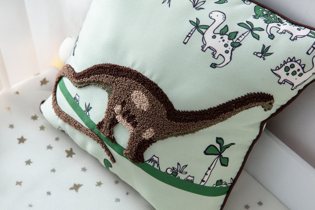 Dinazor Desenli Çocuk Odası Keten Kırlent Kılıfı, 35x35cm İç Dolgulu