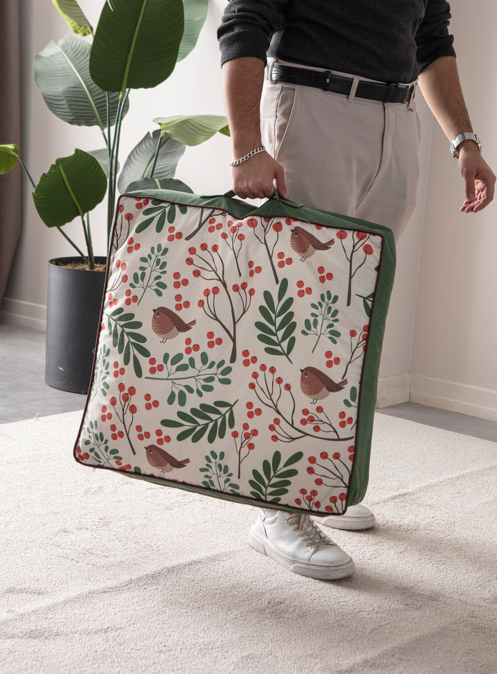 Kokina Premium Serisi Kare Yer Minderi, 60x60 cm, Yeşil, Dal Desenli