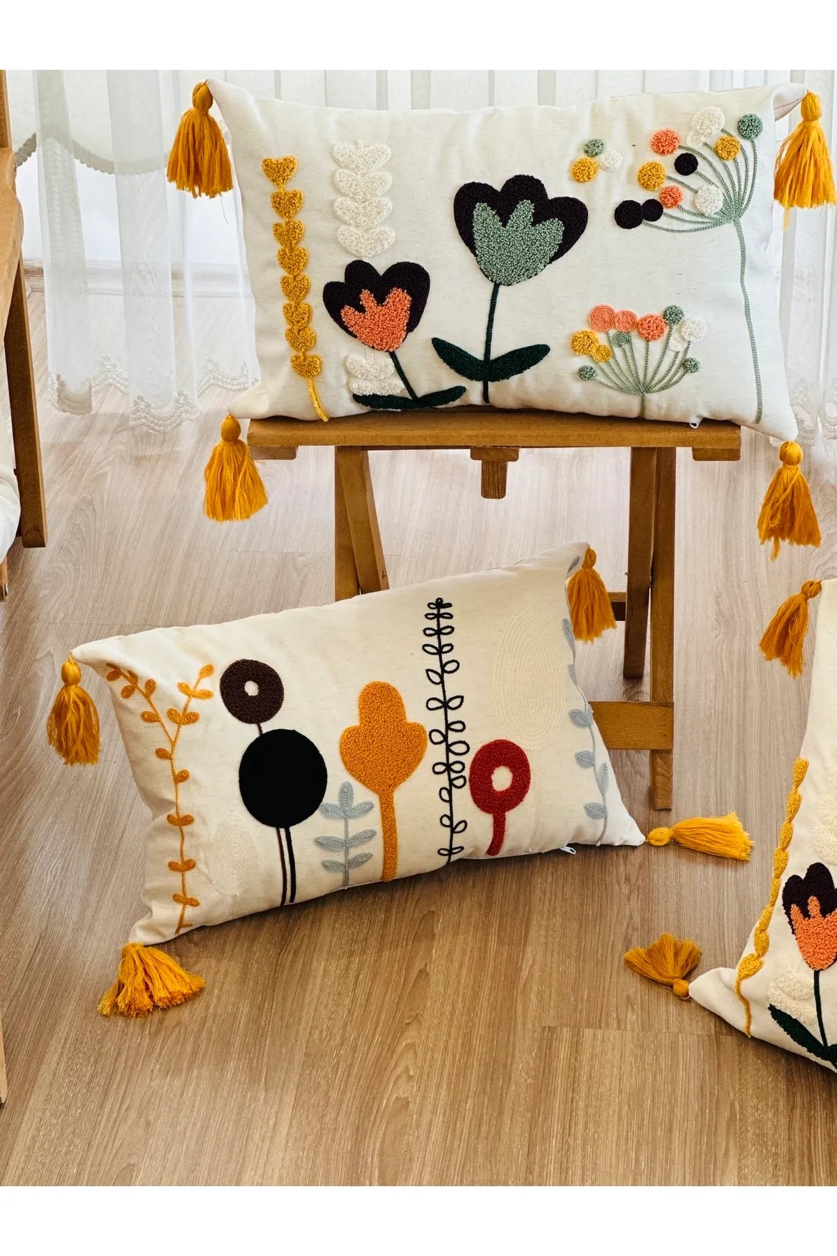 4'lü Kombin Punch İşlemeli Dekoratif Kırlent Kılıfı Seti, Beyaz