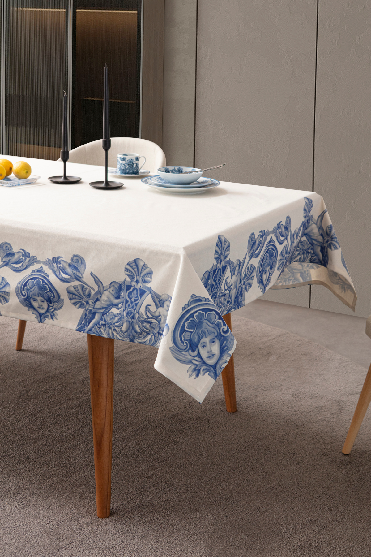 Azure Blue, Yemek Masası, Mutfak Masası Takımı, Masa Örtüsü,Runner,6 Amerikan Servis, 6 Kumaş Peçete