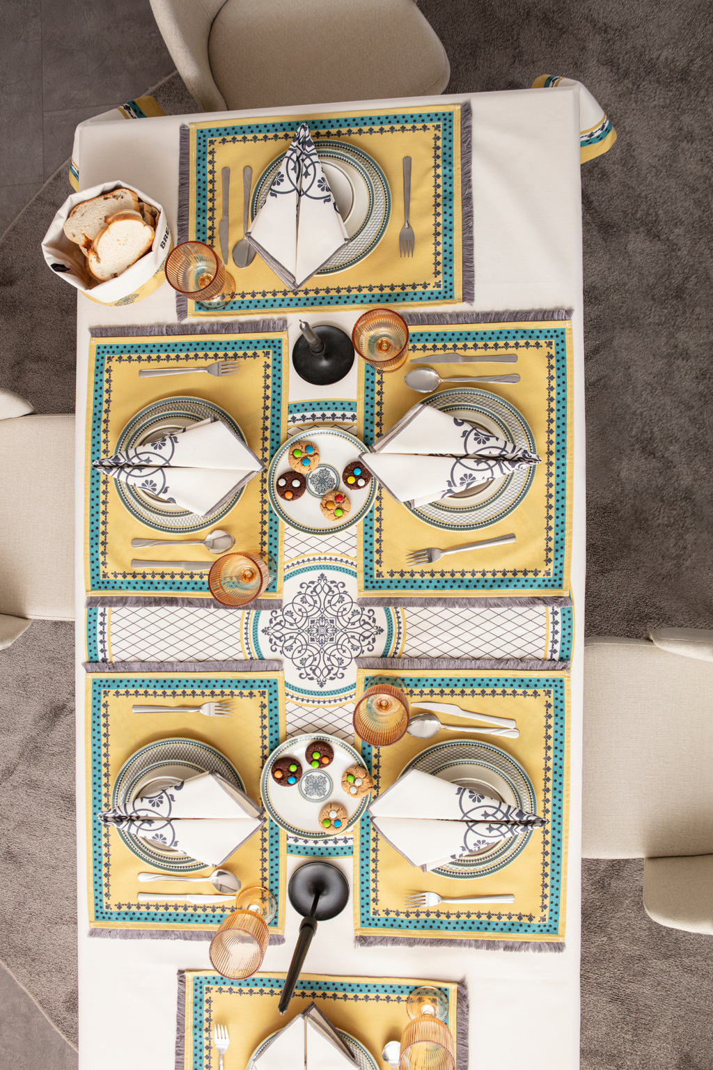 Safran Luxe Yemek Masası Takımı, Mutfak Masası Takımı, Masa Örtüsü,Runner,6'lı Amerikan Servis, 6'lı Kumaş Peçete