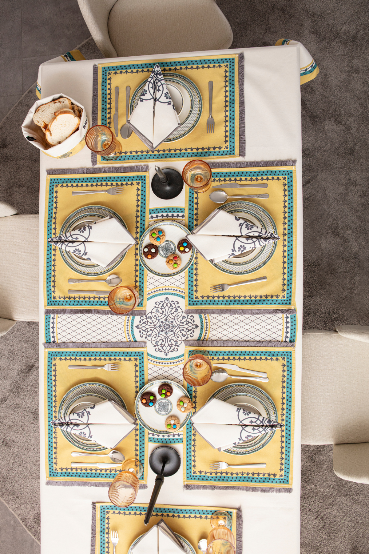 Safran Luxe Yemek Masası Takımı, Mutfak Masası Takımı, Masa Örtüsü,Runner,6'lı Amerikan Servis, 6'lı Kumaş Peçete