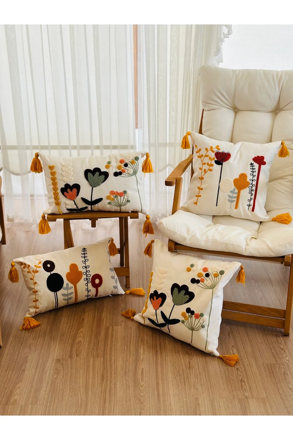 4'lü Kombin Punch İşlemeli Dekoratif Kırlent Kılıfı Seti, Beyaz