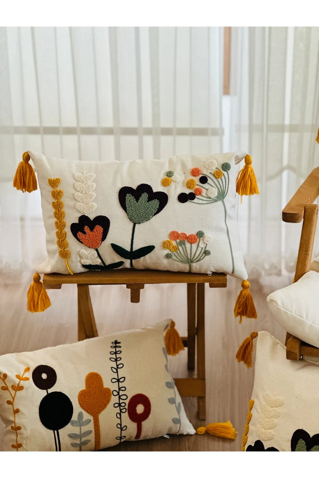 4'lü Kombin Punch İşlemeli Dekoratif Kırlent Kılıfı Seti, Beyaz