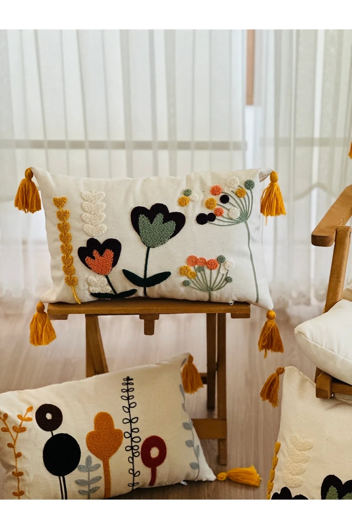 4'lü Kombin Punch İşlemeli Dekoratif Kırlent Kılıfı Seti, Beyaz