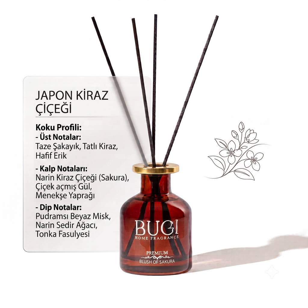 Blush Of Sakura Çubuklu Oda Kokusu – Japon Kiraz Çiçeği Aromalı, Yoğun Esanslı ve Kalıcı Oda Parfümü, Salon, Ofis, Ev, Yatak Odası ve Banyo için Büyük Boy Çubuklu Oda Kokusu