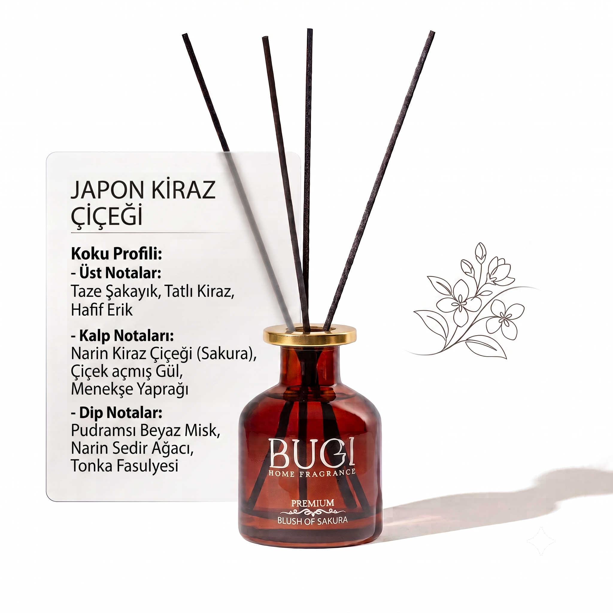 Blush Of Sakura Çubuklu Oda Kokusu – Japon Kiraz Çiçeği Aromalı, Yoğun Esanslı ve Kalıcı Oda Parfümü, Salon, Ofis, Ev, Yatak Odası ve Banyo için Büyük Boy Çubuklu Oda Kokusu