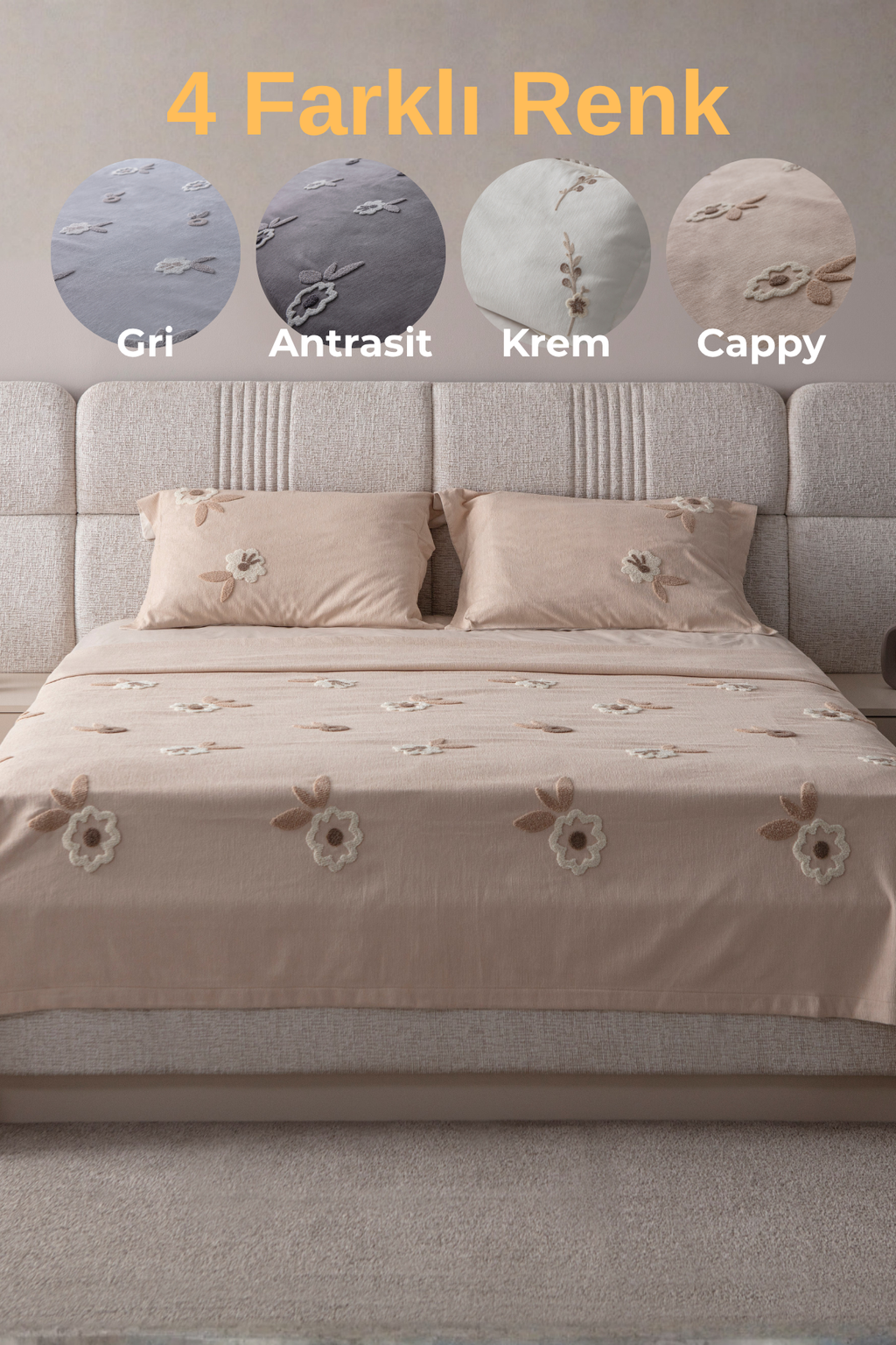 Lalezar Desen Çift Kişilik Nakışlı Yatak Örtüsü Seti Şönil Kumaş Punch Nakışlı 240x260cm