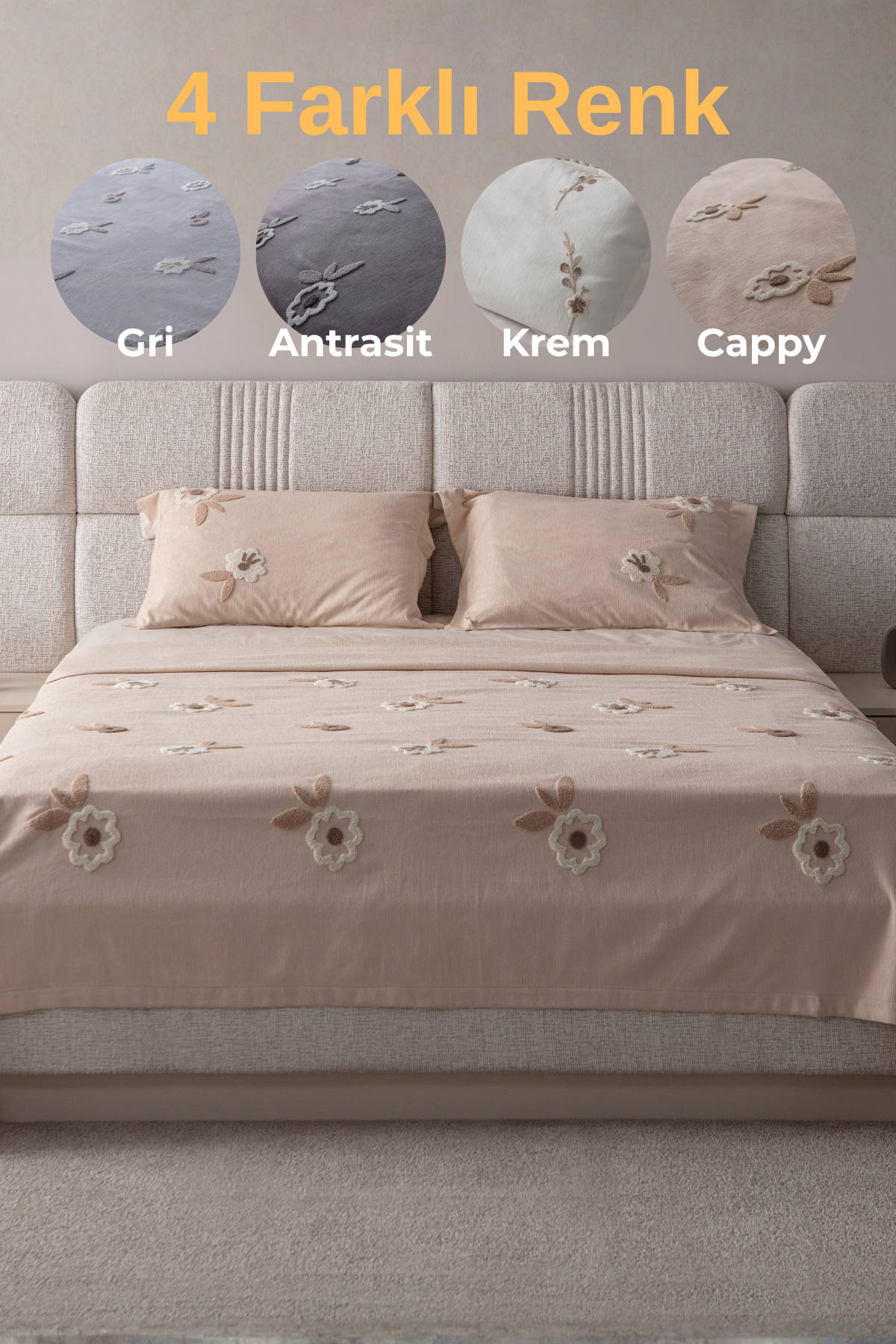 Lalezar Desen Çift Kişilik Nakışlı Yatak Örtüsü Seti Şönil Kumaş Punch Nakışlı 240x260cm