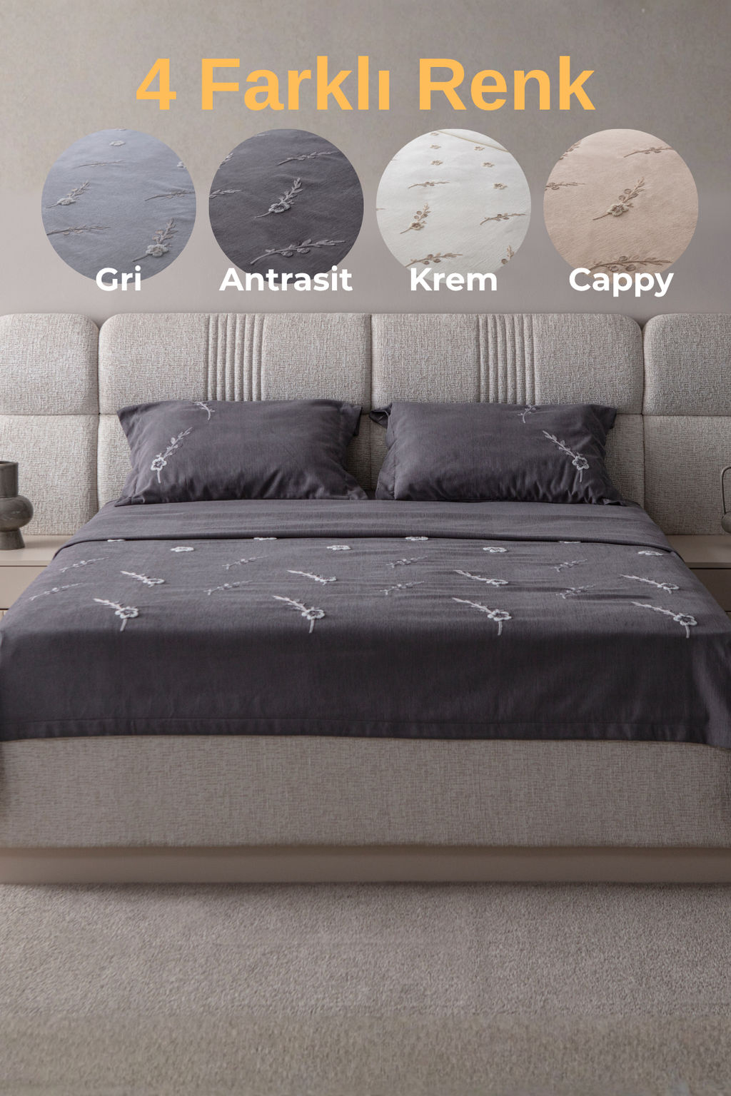 Seren Desen Çift Kişilik Nakışlı Yatak Örtüsü Seti Şönil Kumaş Punch Nakışlı 240x260cm