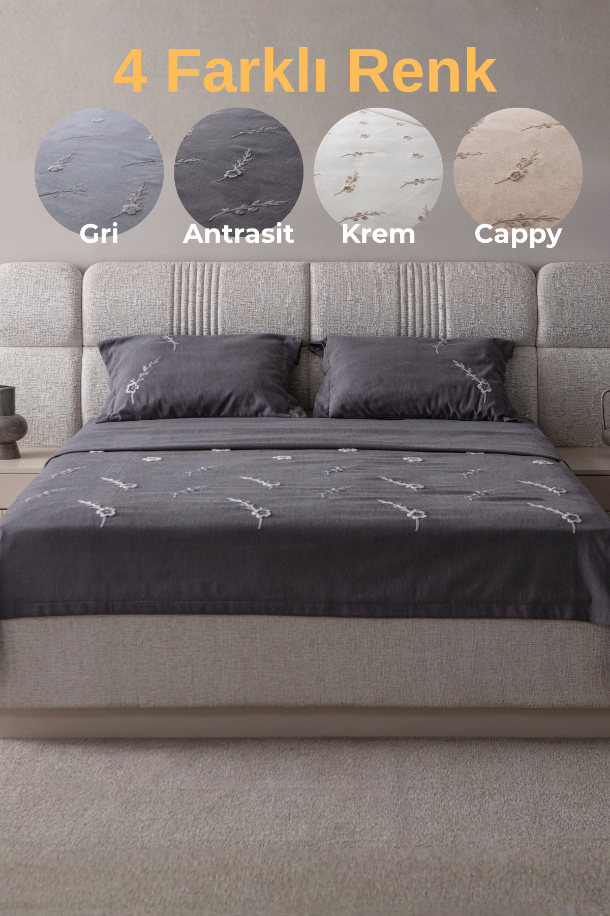 Seren Desen Çift Kişilik Nakışlı Yatak Örtüsü Seti Şönil Kumaş Punch Nakışlı 240x260cm