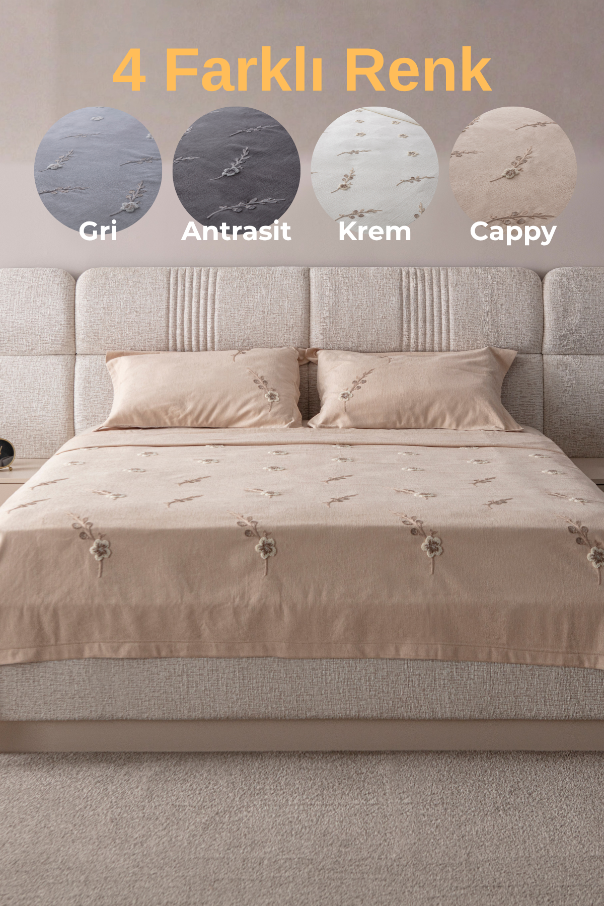 Seren Desen Çift Kişilik Nakışlı Yatak Örtüsü Seti Şönil Kumaş Punch Nakışlı 240x260cm