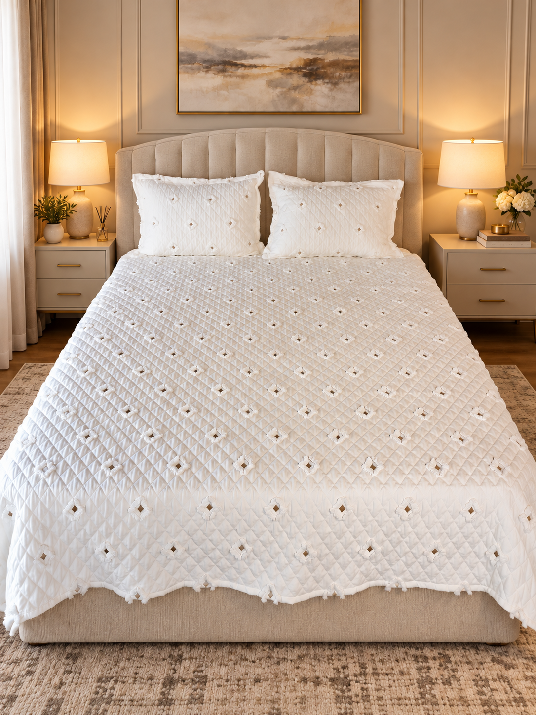Beyaz Kapitoneli Çift Kişilik Yatak Örtüsü Takımı – 200x220 cm