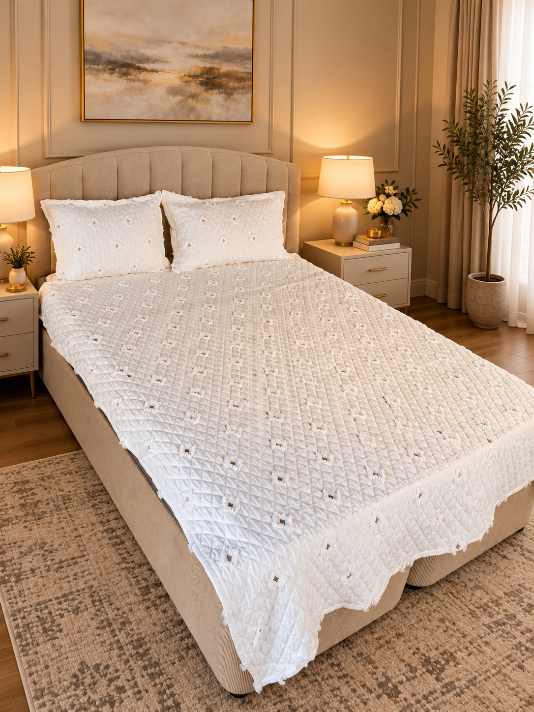 Beyaz Kapitoneli Çift Kişilik Yatak Örtüsü Takımı – 200x220 cm