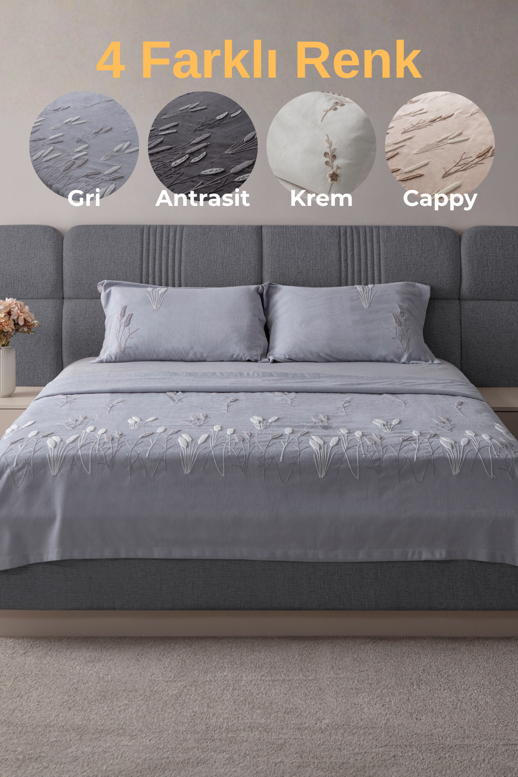 Willow Breeze Desen Çift Kişilik Nakışlı Yatak Örtüsü Seti Şönil Kumaş Punch Nakışlı 240x260cm