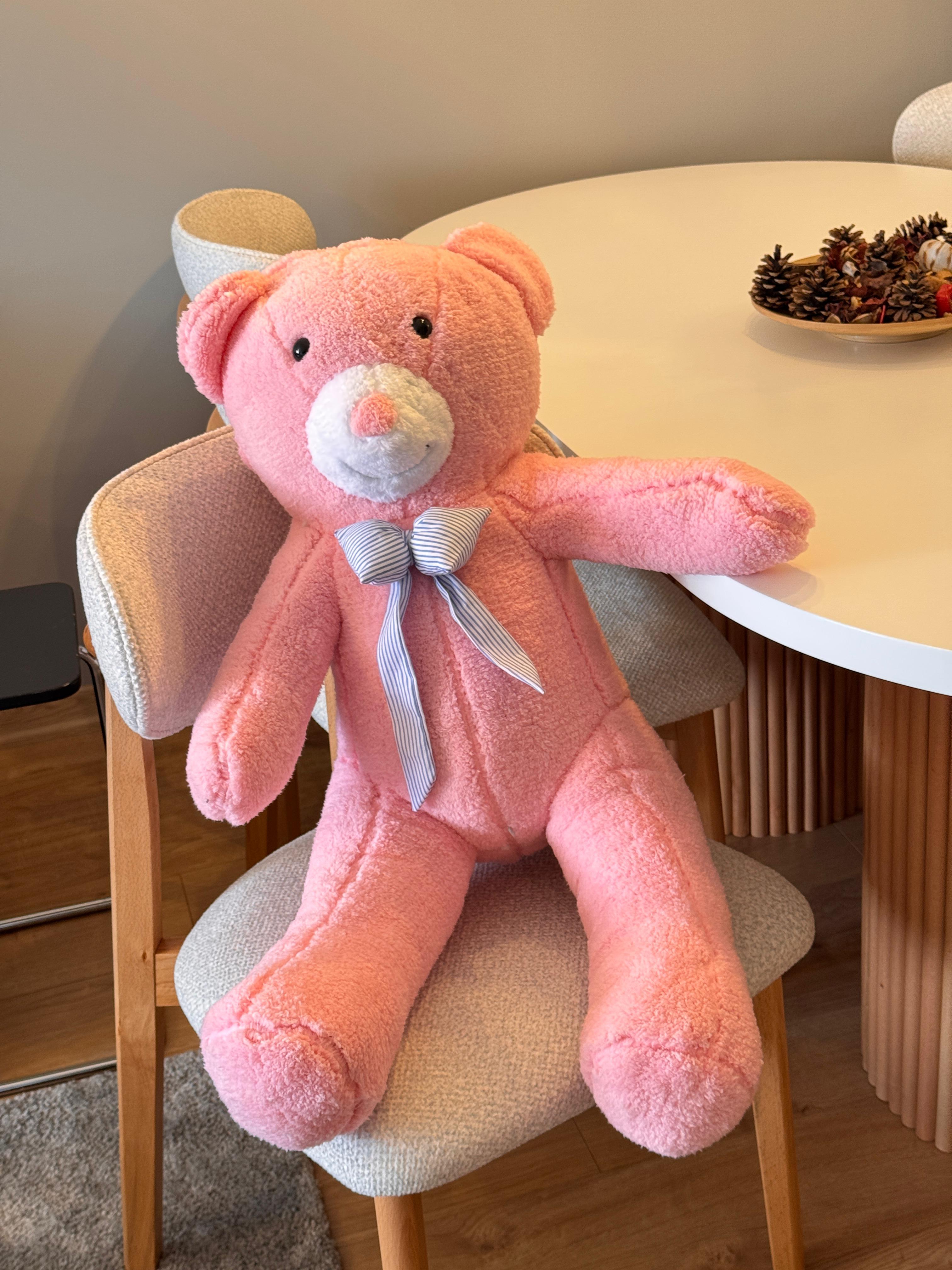 Papyonlu Pembe Dev Büyük Peluş Ayıcık 80cm Sevgililer Günü Özel Ayıcık, Hediyelik Ayı