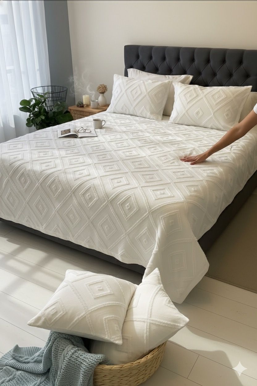 Geometrik İskandinav Çift Kişilik Yatak Örtüsü 240 X 250 Cm Ve 2 Adet Yastık Ekru Renk Şönil Nakışlı