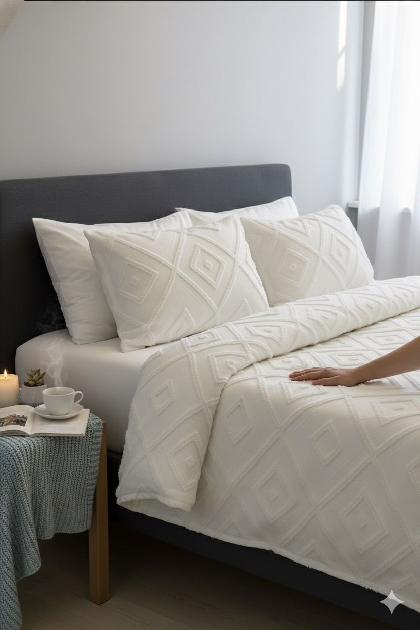 Geometrik İskandinav Çift Kişilik Yatak Örtüsü 240 X 250 Cm Ve 2 Adet Yastık Ekru Renk Şönil Nakışlı