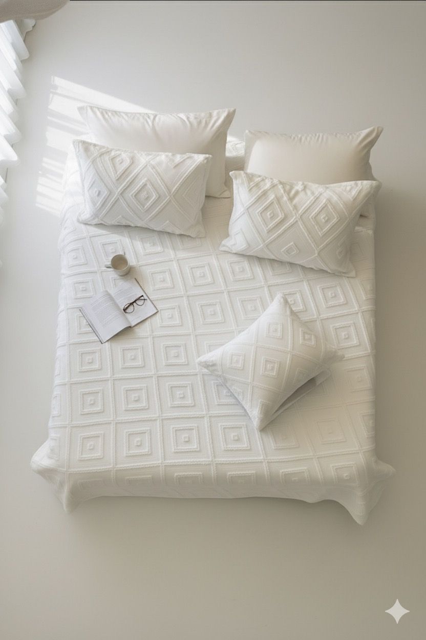 Geometrik İskandinav Çift Kişilik Yatak Örtüsü 240 X 250 Cm Ve 2 Adet Yastık Ekru Renk Şönil Nakışlı