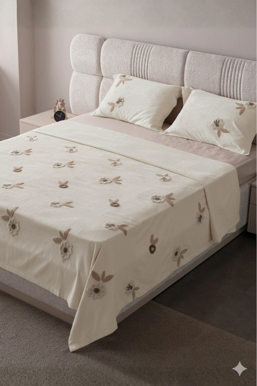 Lalezar Desen Çift Kişilik Nakışlı Yatak Örtüsü Seti Şönil Kumaş Punch Nakışlı 240x260cm