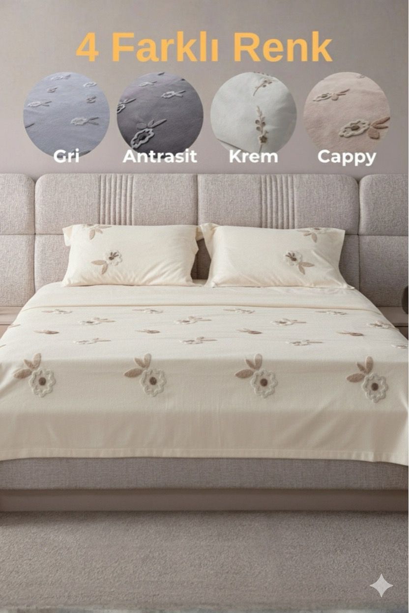 Lalezar Desen Çift Kişilik Nakışlı Yatak Örtüsü Seti Şönil Kumaş Punch Nakışlı 240x260cm