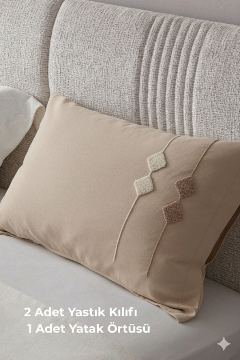 Zen Baklava Desen Çift Kişilik Nakışlı Yatak Örtüsü Seti Şönil Kumaş Punch Nakışlı 240x260cm