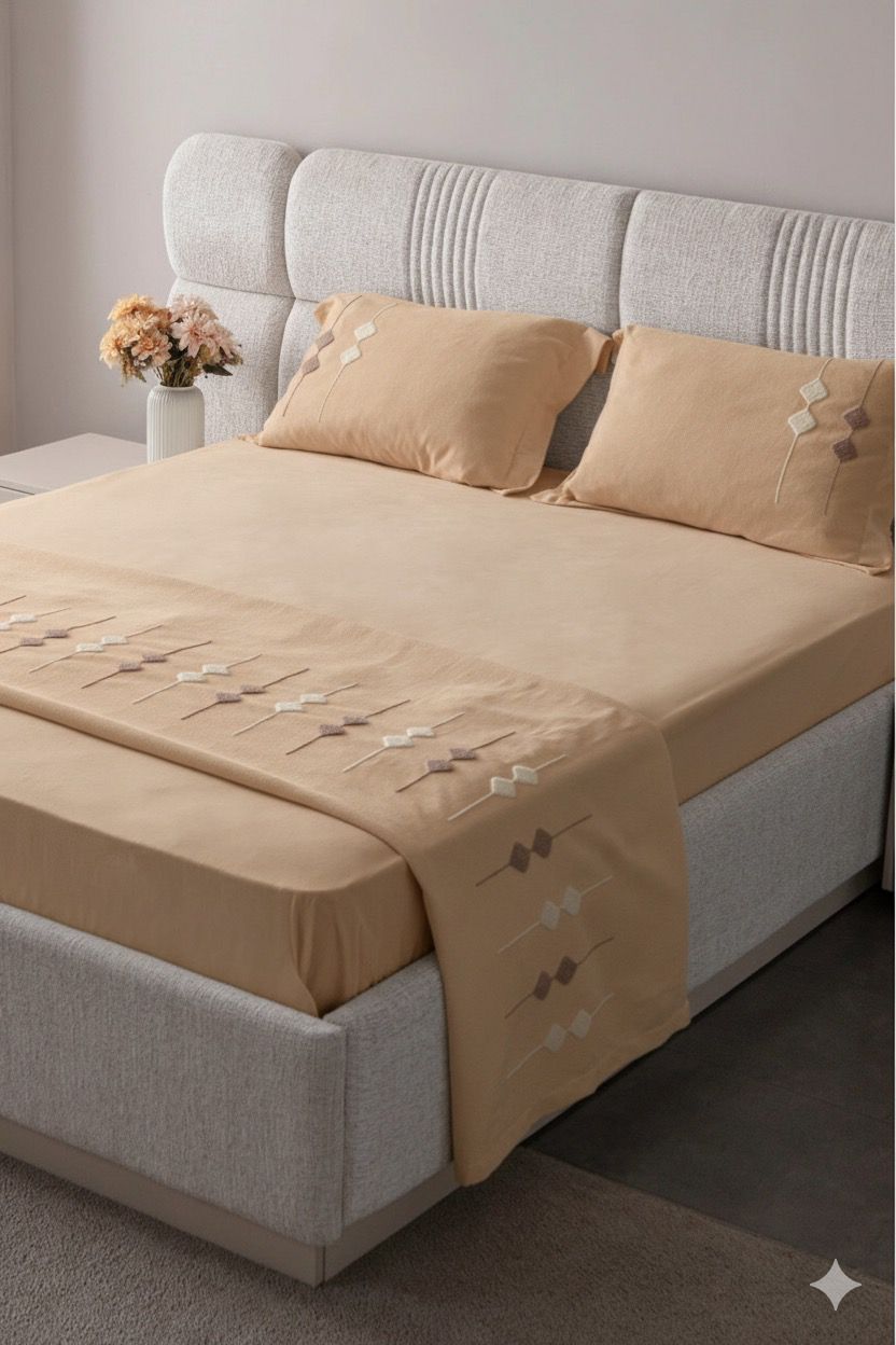 Zen Baklava Desen Çift Kişilik Nakışlı Yatak Örtüsü Seti Şönil Kumaş Punch Nakışlı 240x260cm