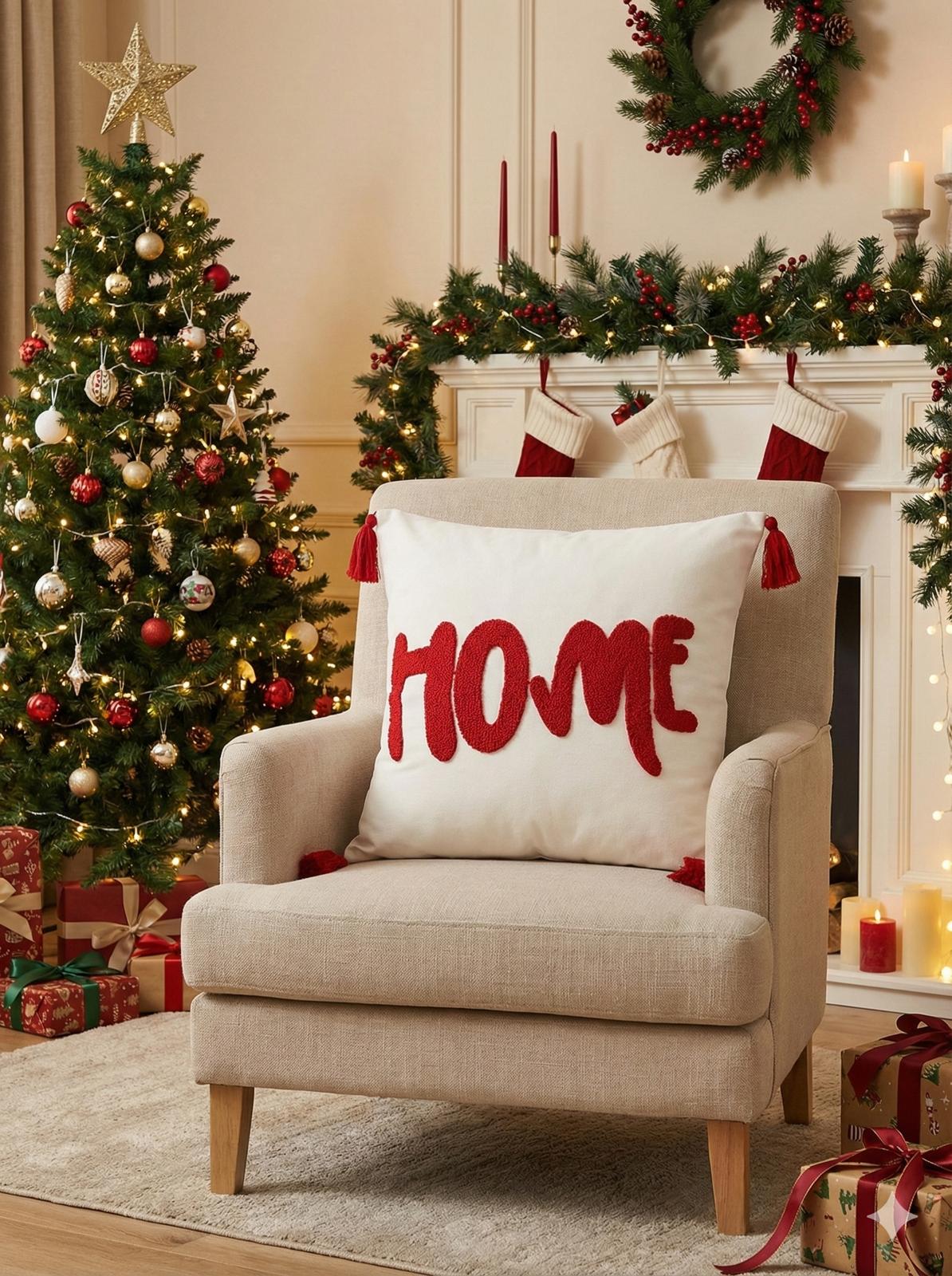 Yılbaşı Temalı Kırmızı Home Desenli Kırmızı Renk Kırlent Kılıfı