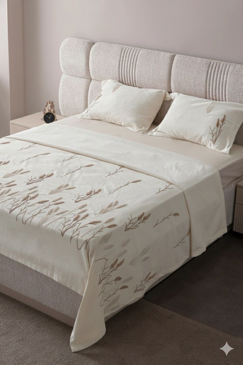 Willow Breeze Desen Çift Kişilik Nakışlı Yatak Örtüsü Seti Şönil Kumaş Punch Nakışlı 240x260cm