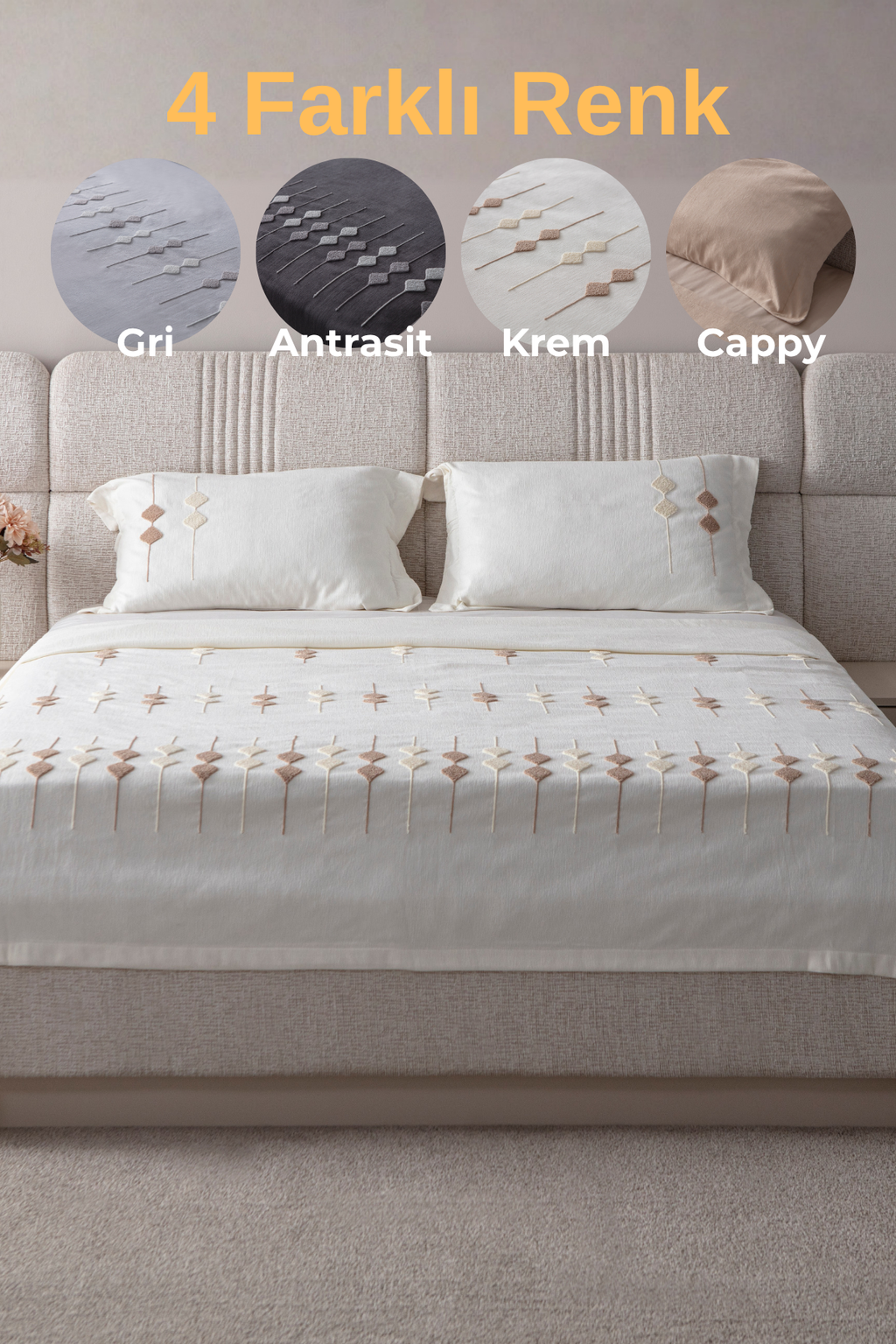 Zen Baklava Desen Çift Kişilik Nakışlı Yatak Örtüsü Seti Şönil Kumaş Punch Nakışlı 240x260cm