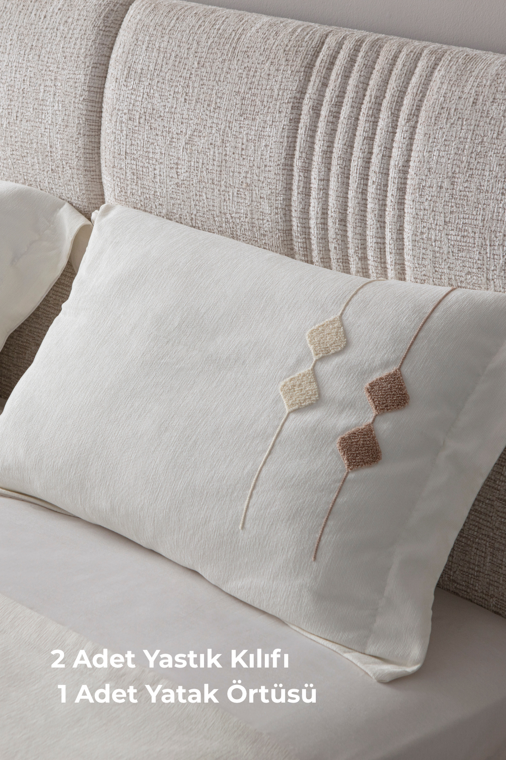 Zen Baklava Desen Çift Kişilik Nakışlı Yatak Örtüsü Seti Şönil Kumaş Punch Nakışlı 240x260cm