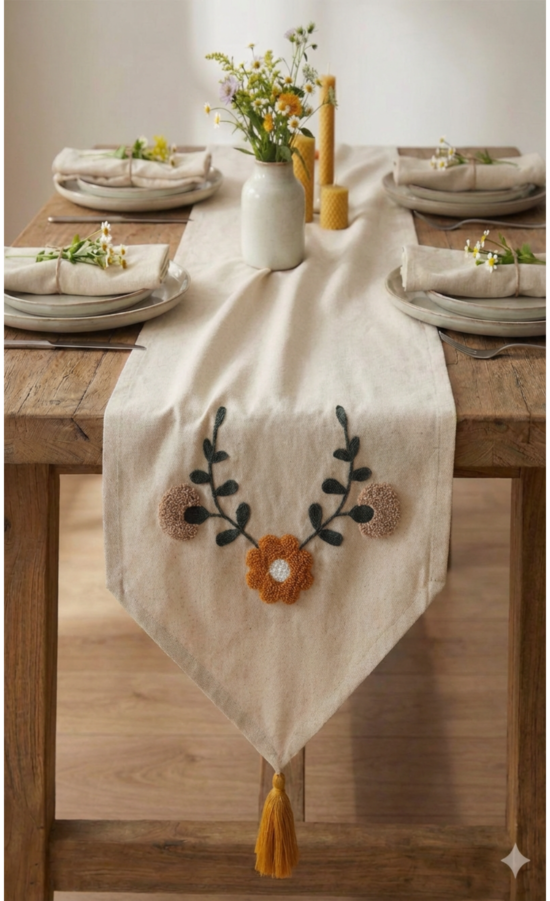 Punch İşlemeli Çiçek Desenli Keten Dekoratif Vintage Bohem 140x35 Runner Masa Süsü Örtüsü