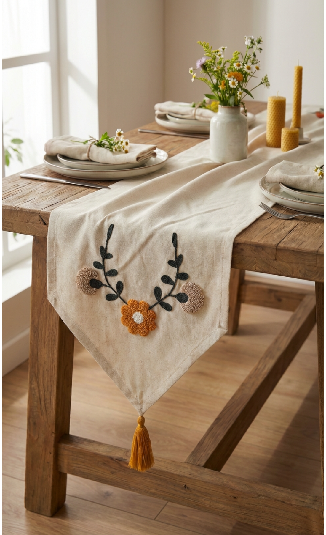 Punch İşlemeli Çiçek Desenli Keten Dekoratif Vintage Bohem 140x35 Runner Masa Süsü Örtüsü