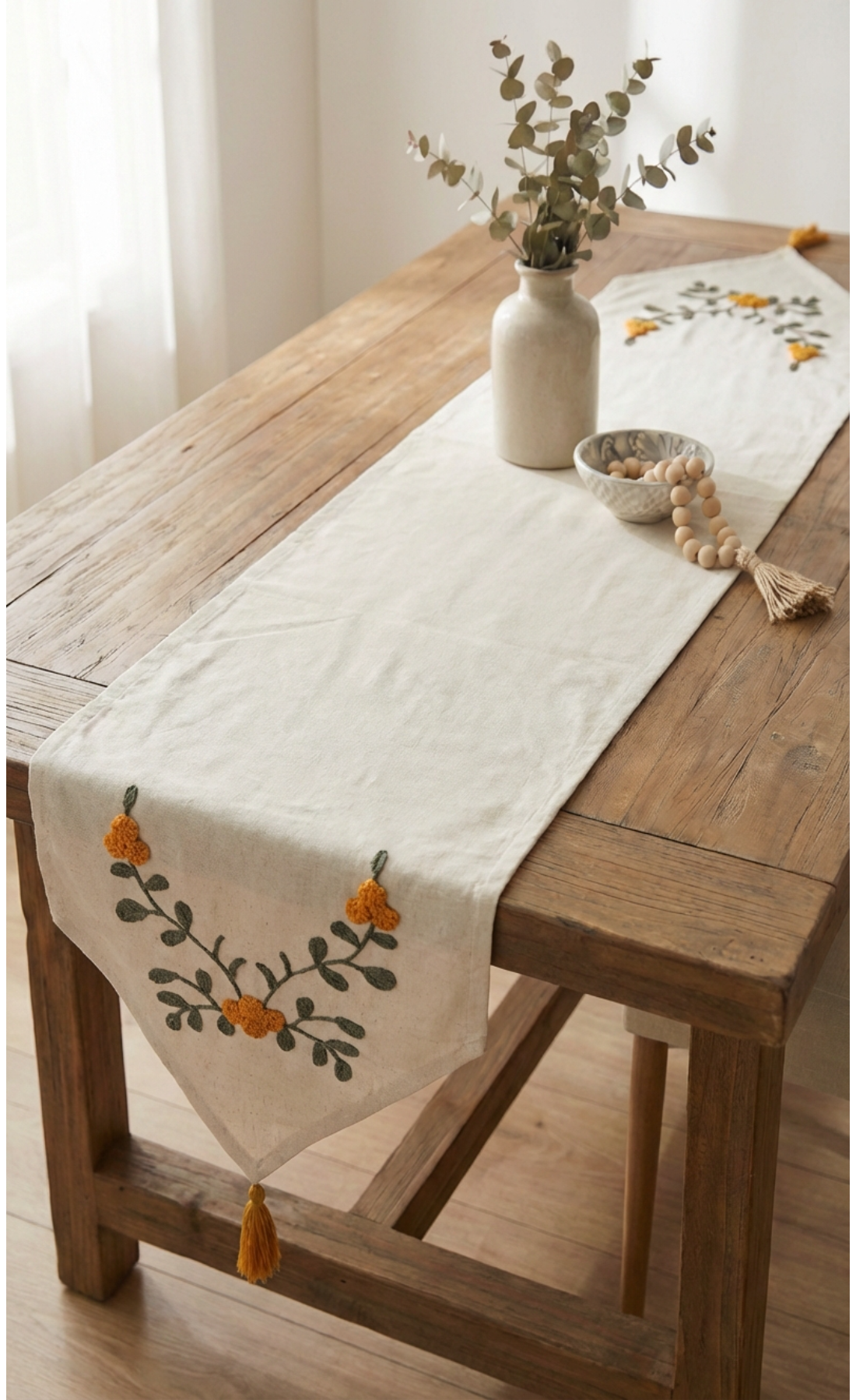 Punch İşlemeli Çiçek Desenli Keten Dekoratif Vintage Bohem 140x35 Runner Masa Süsü Örtüsü